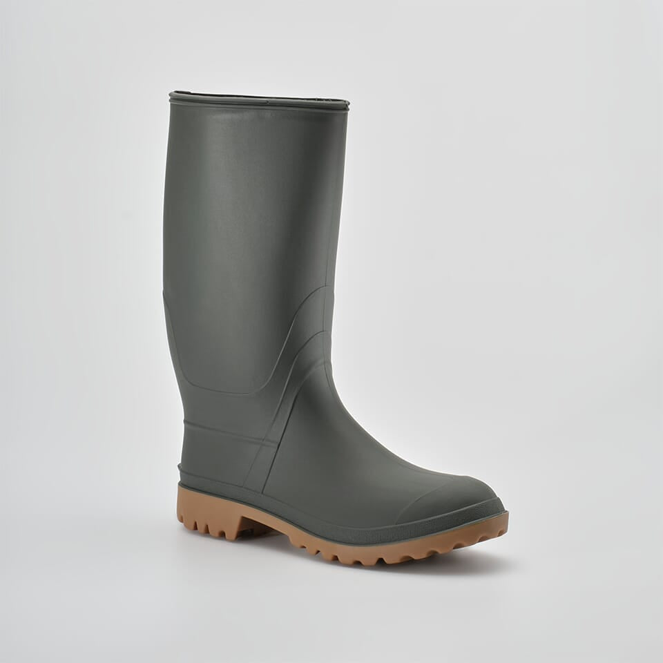 Kamik Michael khaki rain boot with a tan treaded sole.