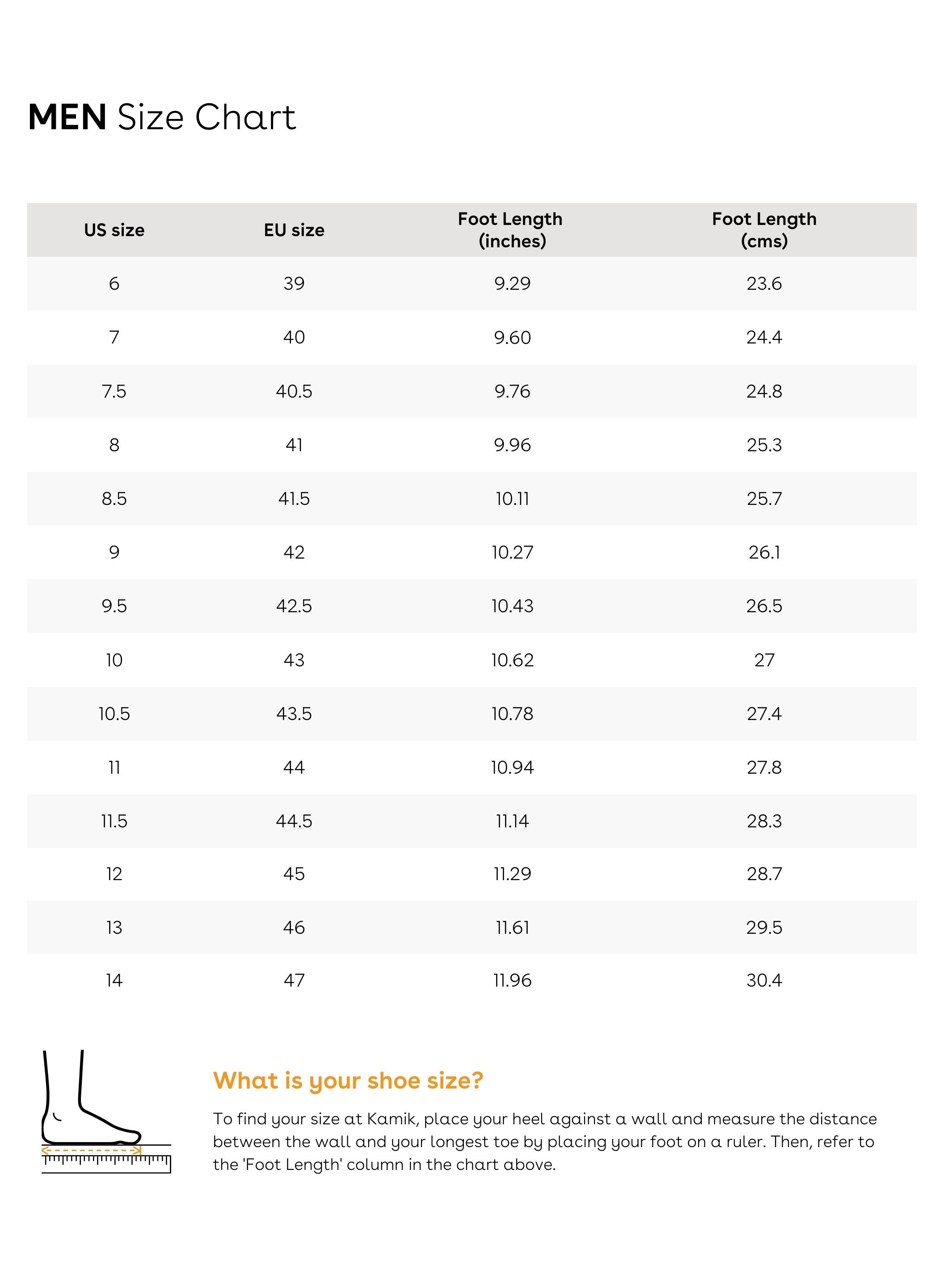 Sizing chart for TERRAIN - Men