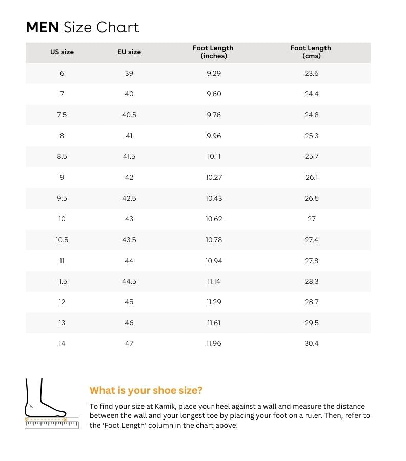 Sizing chart for TERRAIN - Men