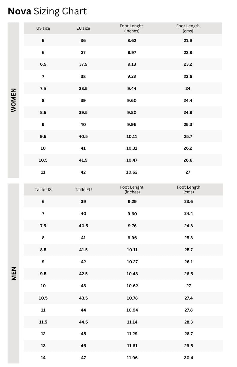 Sizing chart for Nova - Slip-On Clogs